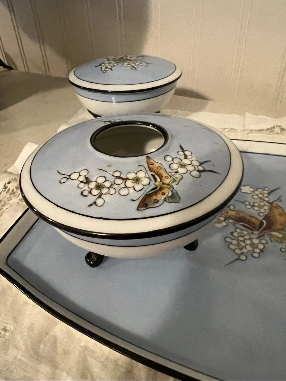 Vintage Noritake Japan hand painted vanity set dogwood butterfly